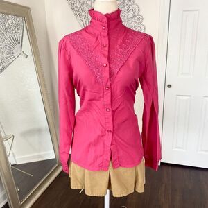 Vintage Pink Cottage Core Prairie High Neck Lace Button Up Blouse M / 10